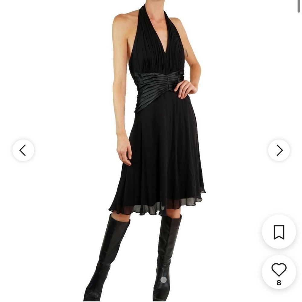 Tadashi Shoji Vintage 90s Black Silk Halter‎ Cocktail Dress Pleated Chiffon 14
